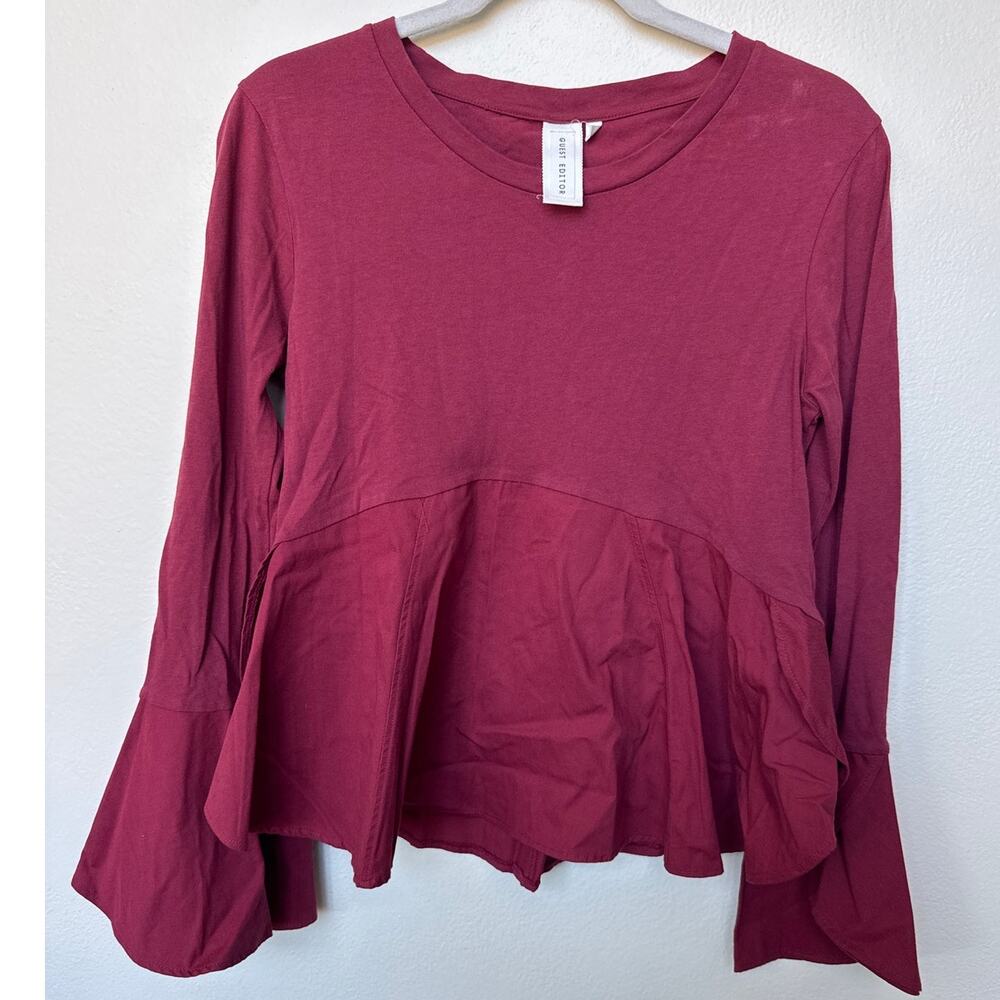 Guest Editor by Anthropologie Mixed Media Bell Sleeves Peplum Top Burgundy Small